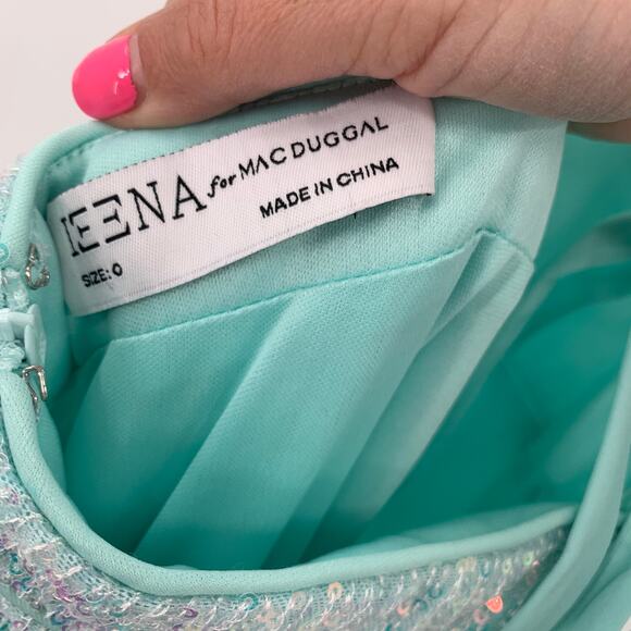 MAC DUGGAL Dress Size 0 Evening Gown Sequin Aqua NEW High Low Ruffle Cut Out - Picture 5 of 9